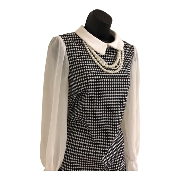 Black white houndstooth sheer long sleeve Pearl necklace Peter Pan collar sheath - Picture 5 of 15